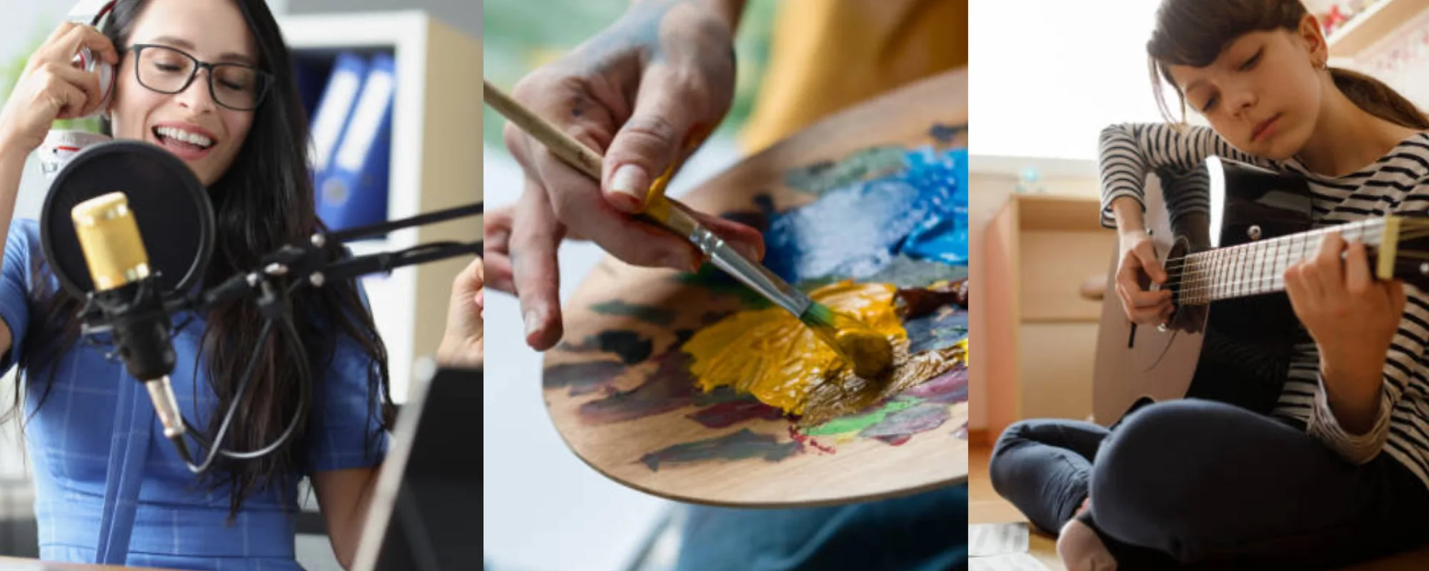 Three people enjoying their hobbies — a young woman recording a podcast, hands mixing paint on a palette, and a child playing an acoustic guitar