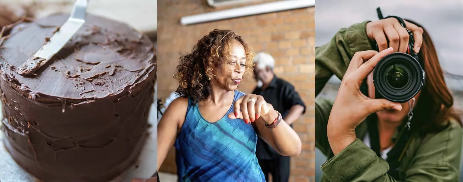 A chocolate cake, a lady dancing, and a photographer looking through their lens