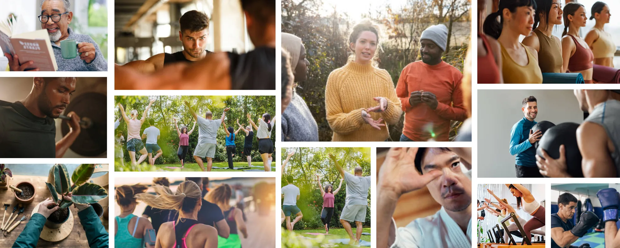 A collage of people taking part in yoga, dance and group fitness classes