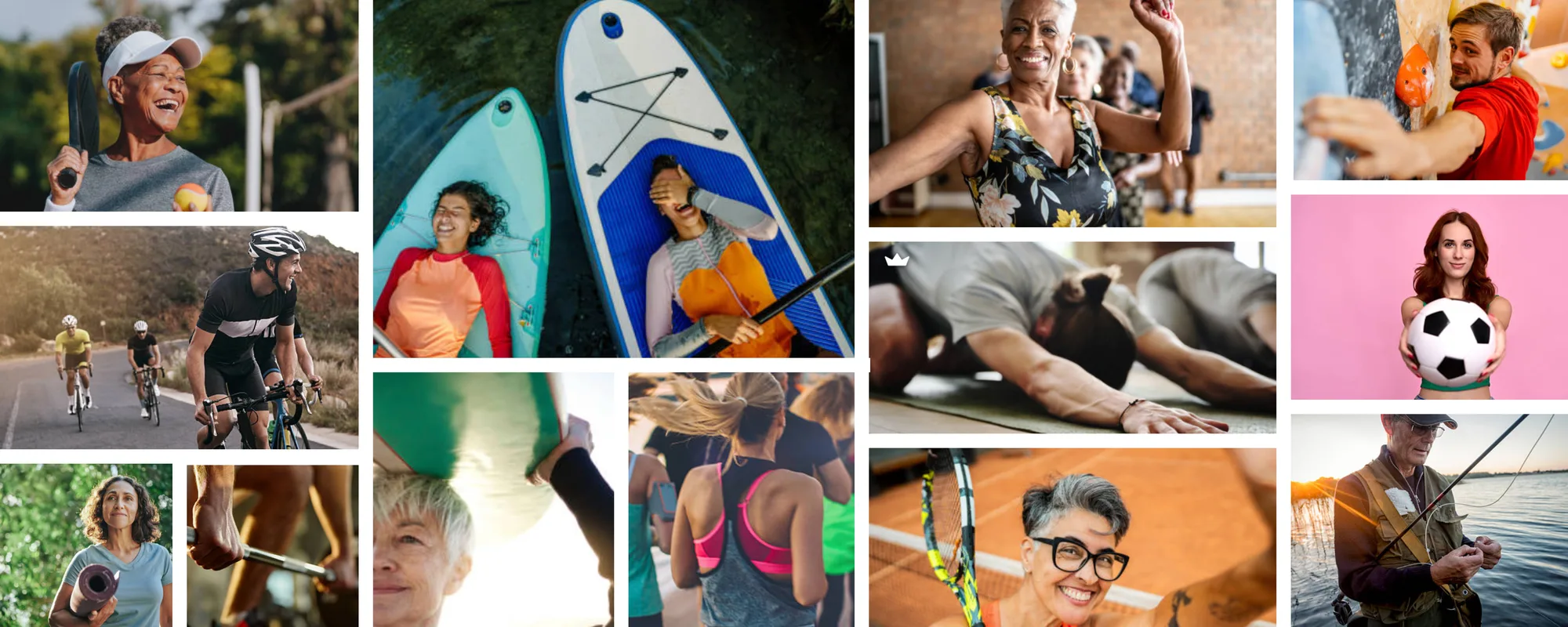 A collage of paddle boarding, cycling, swimming and other active outdoor hobbies