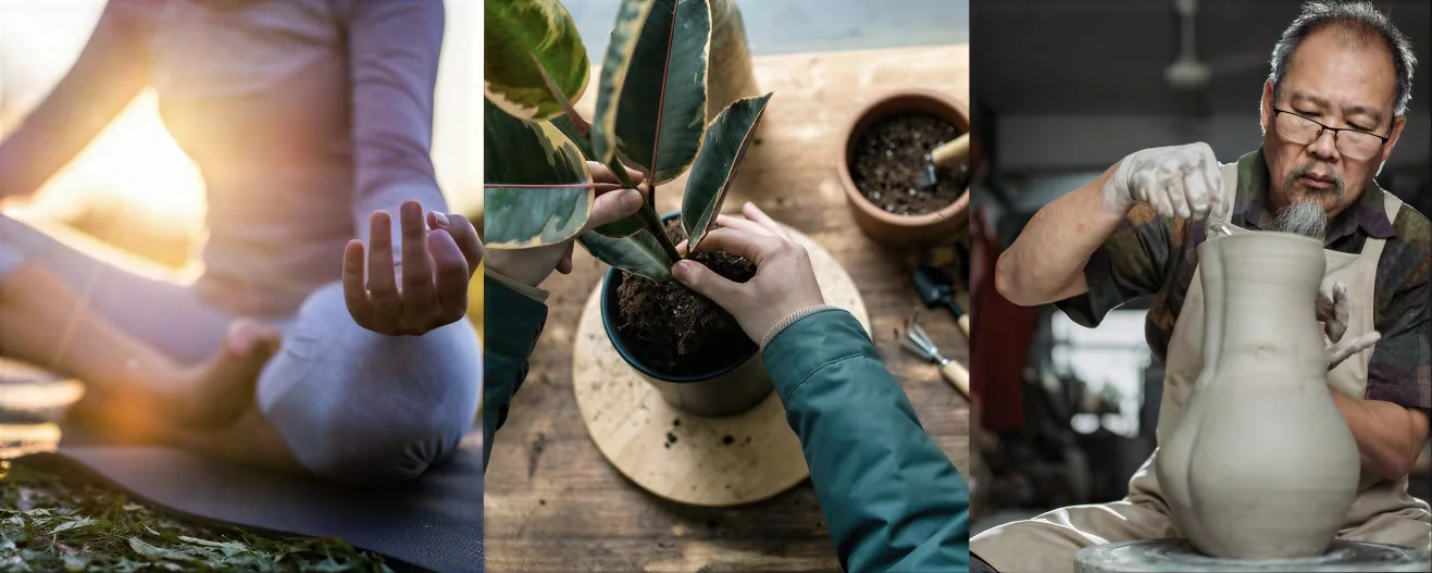 A banner containing three photos, a person in a yoga pose, someone potting a plant, and a man sat at a potters wheel